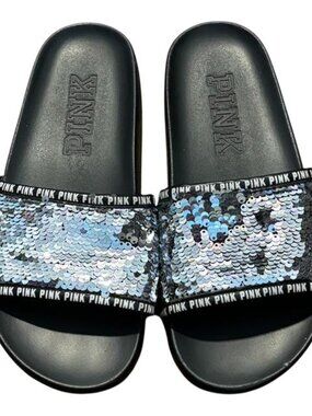 Victoria Secret PINK Black & Silver Sequin Sling Slides Silver Size 7/8